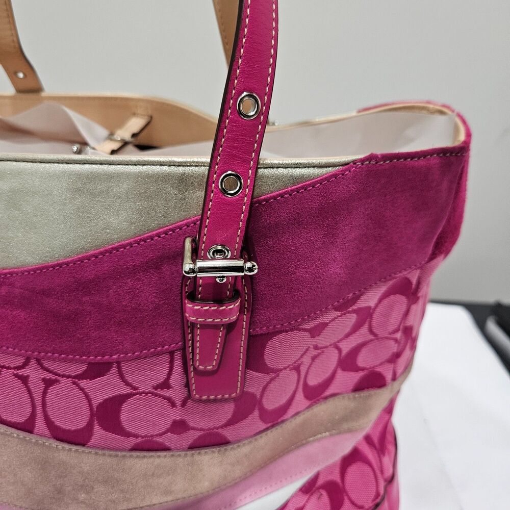 Vintage Coach Ltd Ed Signature Pink Wave Gallery Tote Bag Suede 1441 Multicolor - Picture 6 of 14